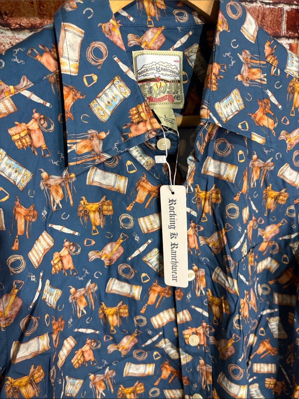 🔥 NWT Kennington rocking ranchwear Mens Blue Western Print Button-Up Shirt large